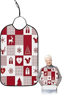 BOBOWUNY Christmas Tree Adult Bibs for Elder Women Men Eating, Snowflake Elk Red White Checkered Waterproof & Washable Bibs for Eating Clothing Protector Dining Bibs for Crumb Catcher
