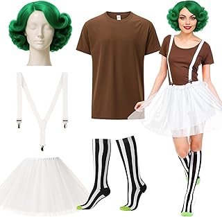 5 Pcs Halloween Chocolate Worker Costume Green Wig Shirt Movie Character Trick-or-treating Outfit for Women(M)