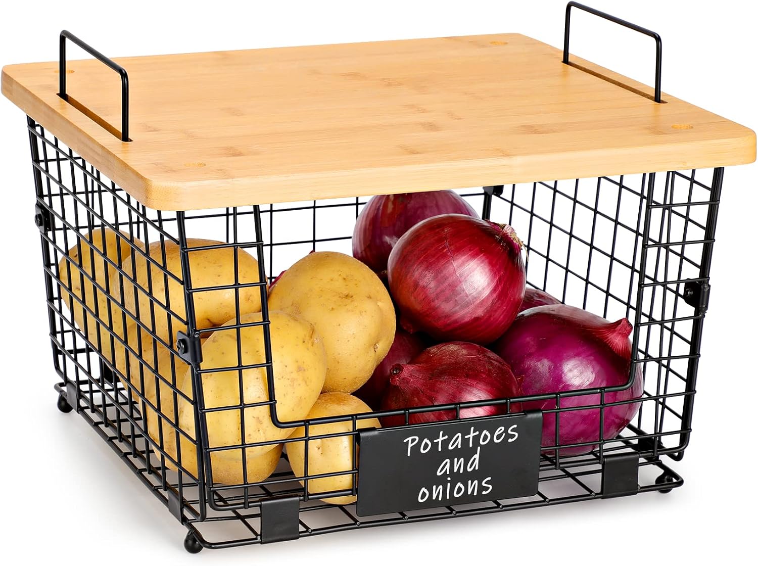 Stackable Kitchen Counter Basket with Bamboo Top - Pantry Organization and Storage Wire Organizing Basket - Cabinet Countertop Organizer Bins for Produce, Fruit, Vegetable (Onion, Potato), Bread
