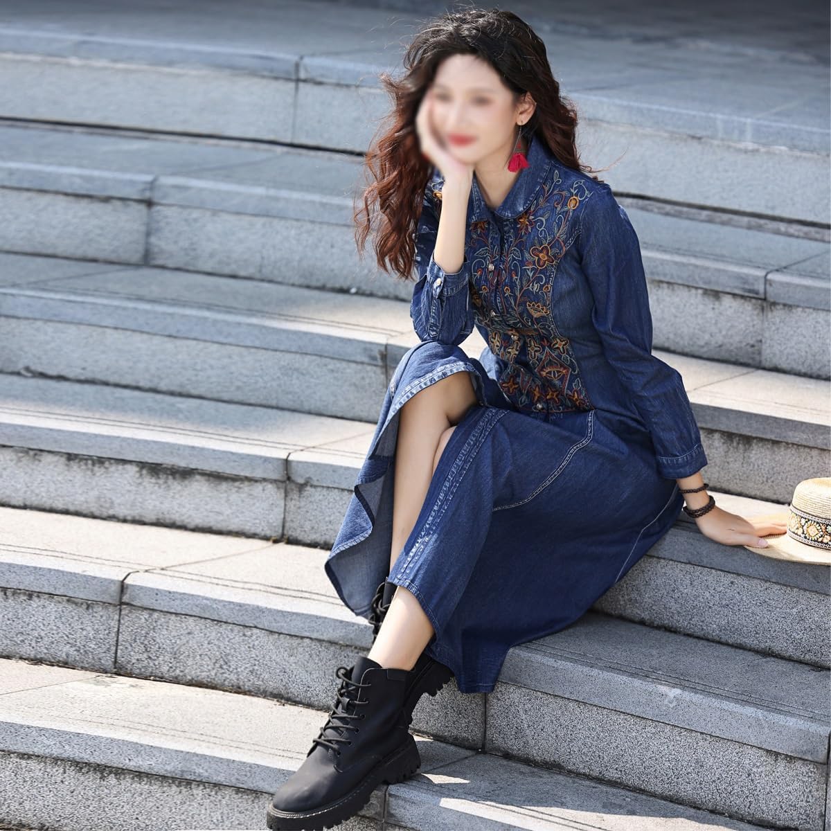 JSEIAJB Autumn Heavy Industry Embroidered Cardigan Dress Vintage Flip Collar Slim Denim Cardigan A-line Dress(XXX-Large)