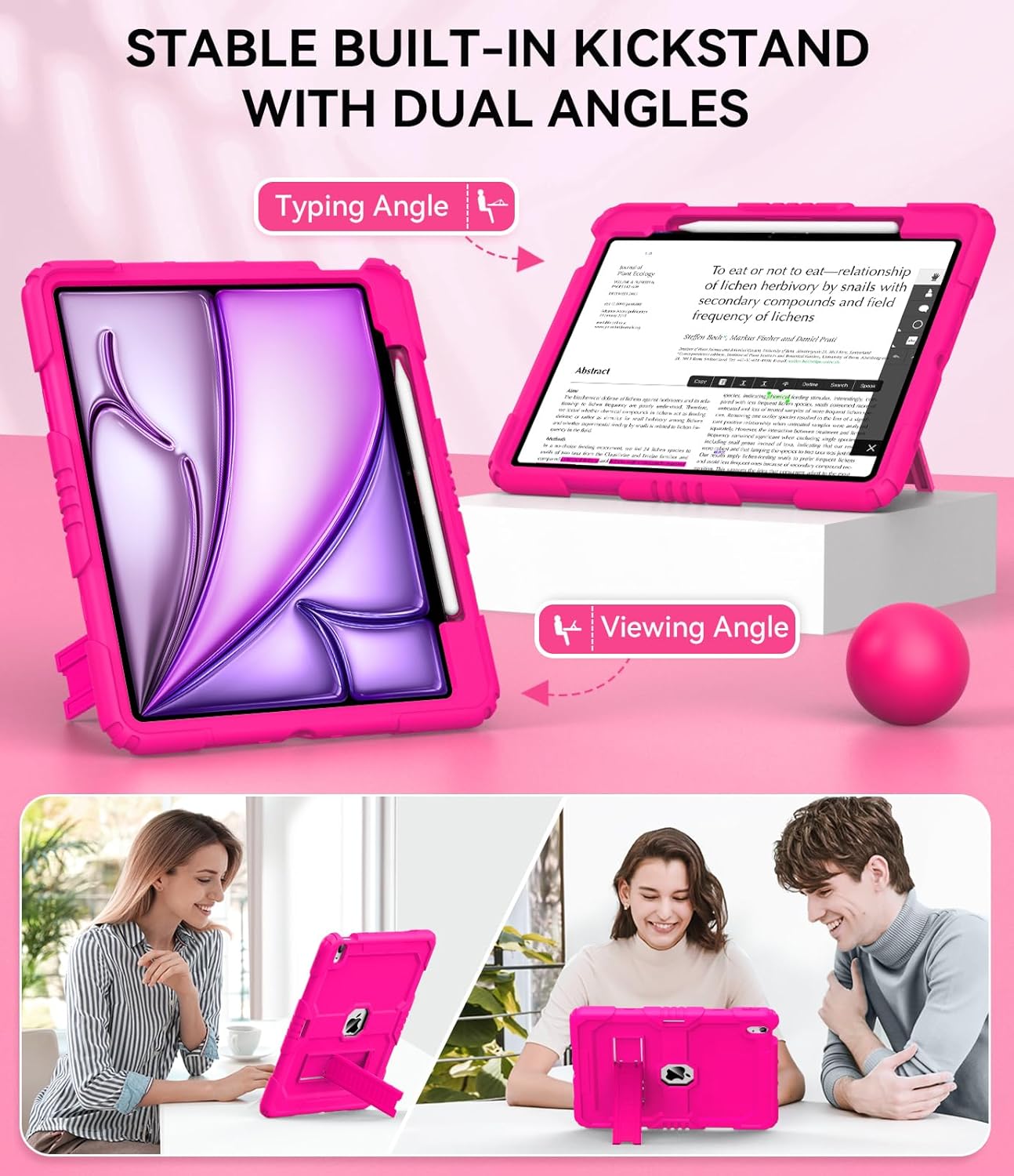 OKP Case for New iPad Air 13 inch M3 (2025), for iPad Air 13-inch M2 (2024), Heavy Duty Shockproof Rugged iPad Air 13'' Protective Cover with Pencil Holder & Built-in Stand, Hot Pink - Image 3