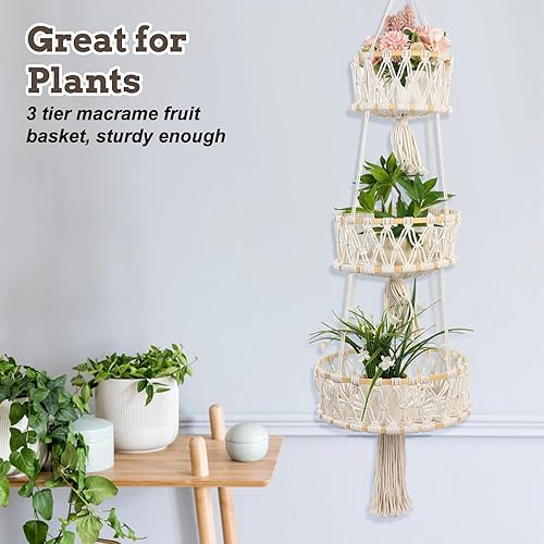 Miniatura 4 de Cesta colgante de 3 niveles, cestas de frutas colgantes para organizador de almacenamiento de cocina, soporte de algodón multicapa para productos