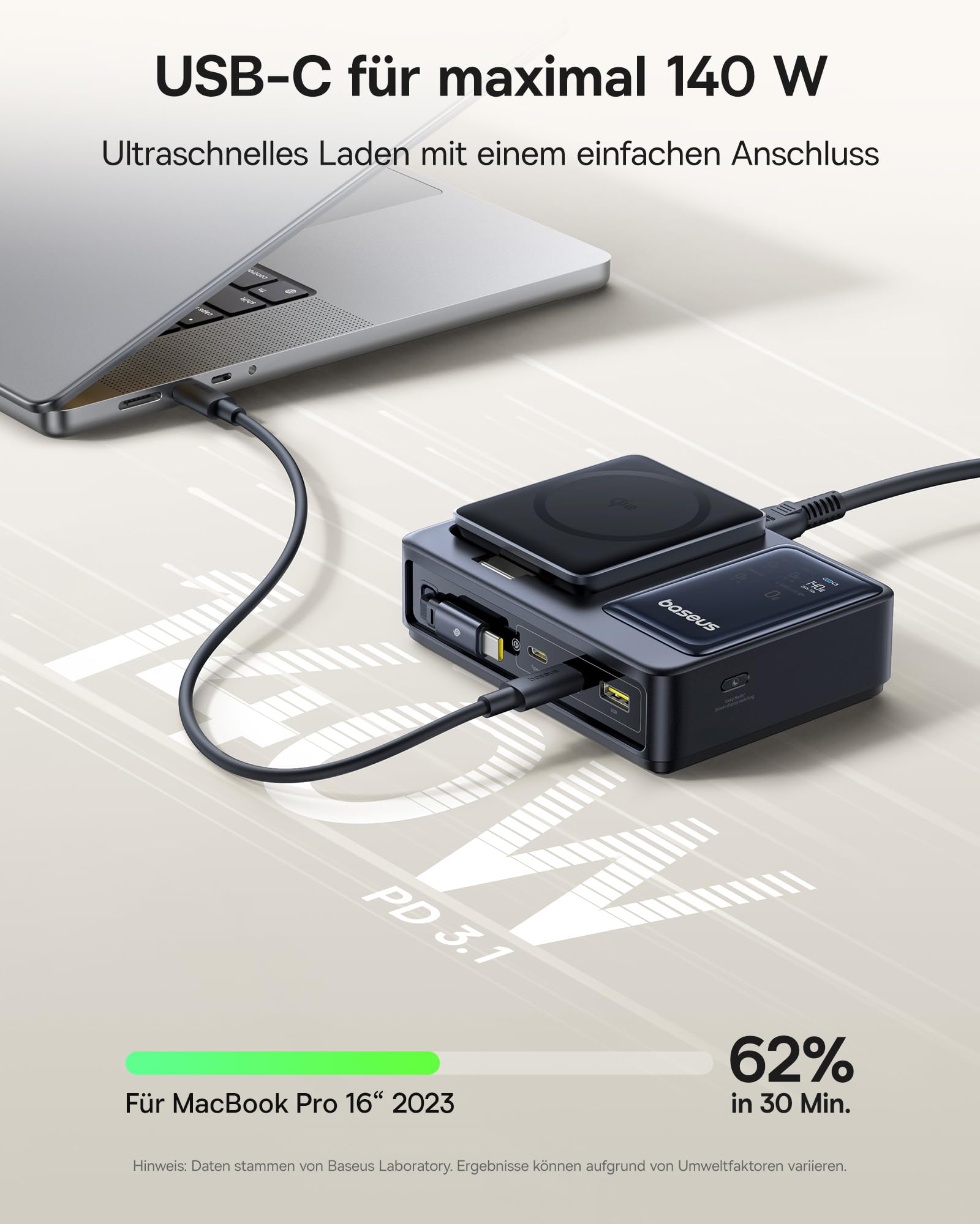 Baseus NOMOS 5-w-1 Stacja Ładowania, 140W Ładowarka USB-C z ładowaniem MagSafe Qi2.0 15W, chowany kabel USB-C, 2USB-C+ USB-A, z wyświetlaczem cyfrowym, kompatybilna z iPhone17/16/15/14, MacBook