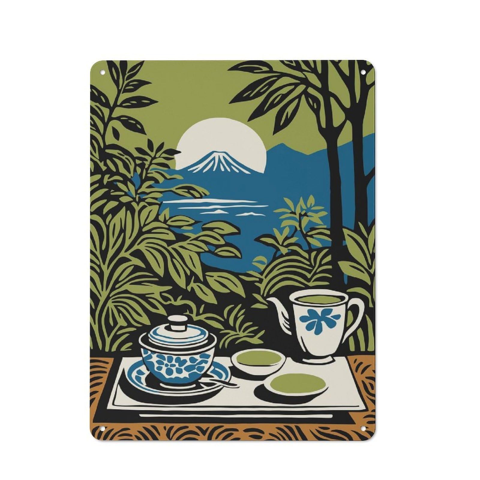 Junmoney Style-14 Japanese Tea Ceremony With Mountain View Vintage Metal Plaque 40X30cm For Living Room Wall, Suited To Living Room Decor Lovers