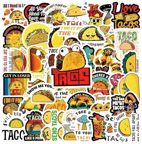 Paquete de 62 calcomanías de tacos mexicanos, calcomanías de vinilo estético impermeable para botella de agua, patineta, laptop, teléfono, diario,