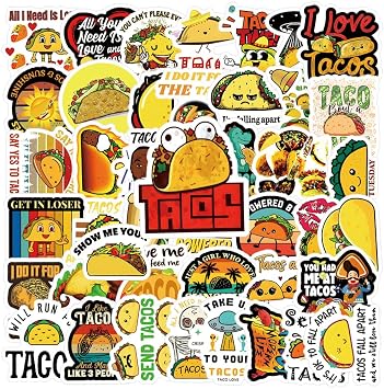 62Pcs Mexican Taco Stickers Pack, Delicious Food Aesthetic Vinyl Waterproof Sticker for Water Bottle,Skateboard,Laptop,Phone,Journaling,Scrapbooking Decals Gifts for Party Supply