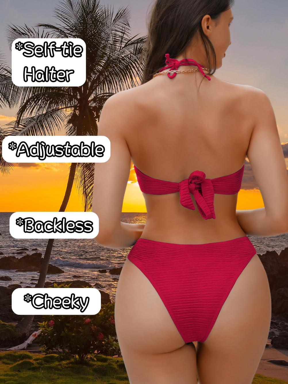 Sexy Womens Starfish 3 Pcs Bikini, Textured Halter Swimsuit Cover Up Skirt, Bathing Suit Beach Outfits Red Small - Image 3