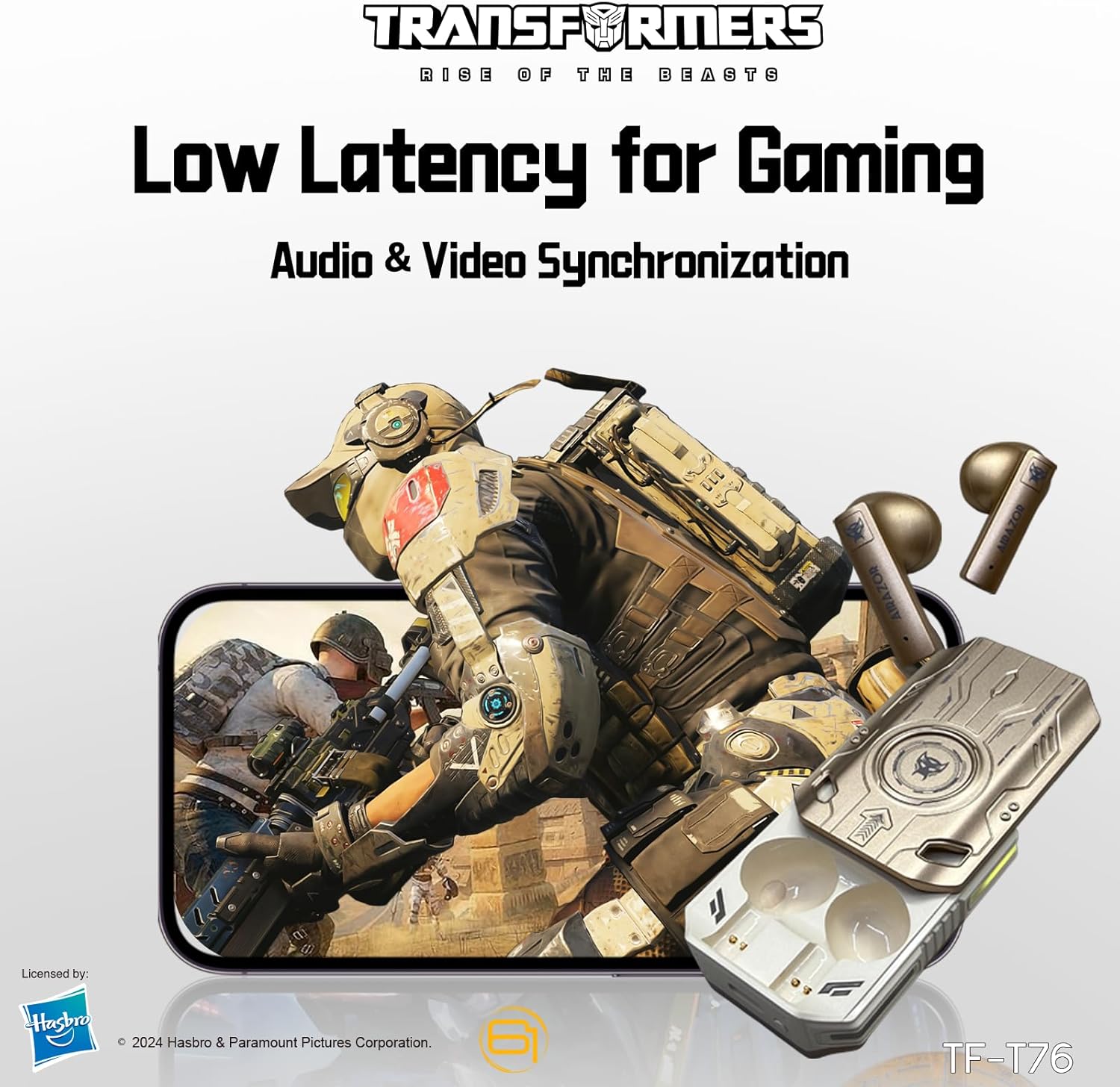 Transformers TF-T76 True Wireless Bluetooth 6.0 Earbuds with Mic, Mecha Zinc Alloy Armor Case, Low-Latency Game/Music Modes, Hi-Fi 13mm Drivers, HD Calling, 40H Total Playtime (Airazor Beige)
