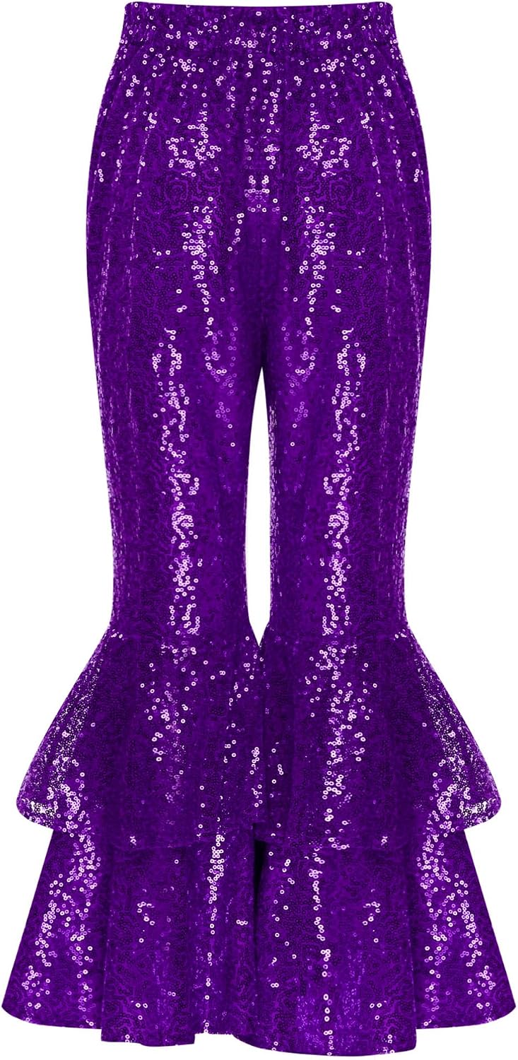 YiZYiF Kids Girls Shiny Sequin Tiered Flare Pants Bell-Bottom Jazz Cha Cha Ballroom Trousers Disco Party Costume