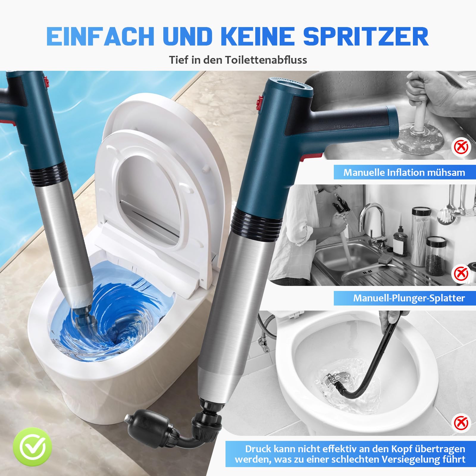 Desatascador Tuberias a Presion Eléctrico con Indicador de Presión de Aire, Desatascador Tuberias con 4 Ventosas, Guantes y Pinza de Garra, Desatascador WC para Inodoros, Tuberías de Cocina