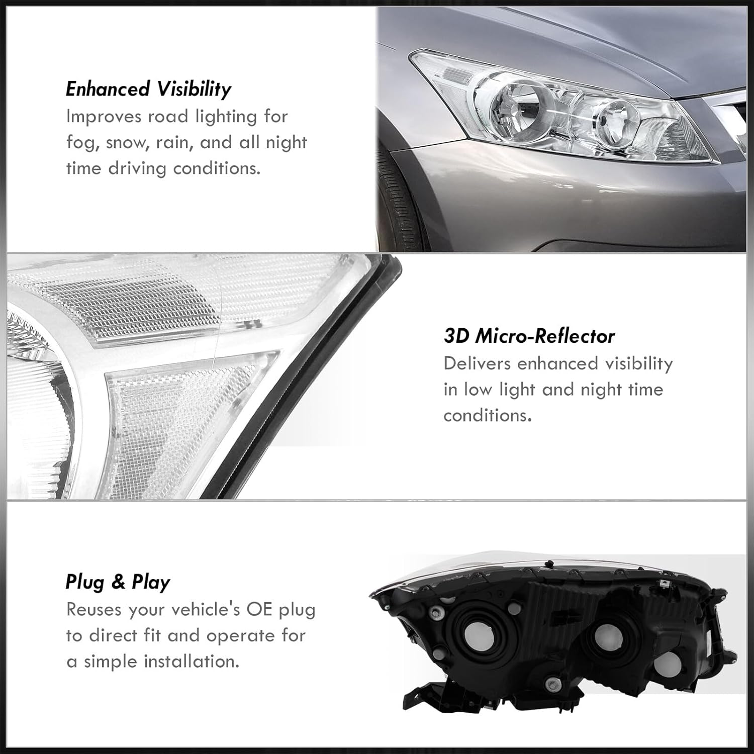 AJP Distributors JDM Front Bumper Driving Reflector Signal Headlights Head Lights Lamps Assembly Pair Set Compatible/Replacement For Accord 4-Door Sedan CP2 CP3 2008 2009 2010 2011 2012 08 09 10 11 12