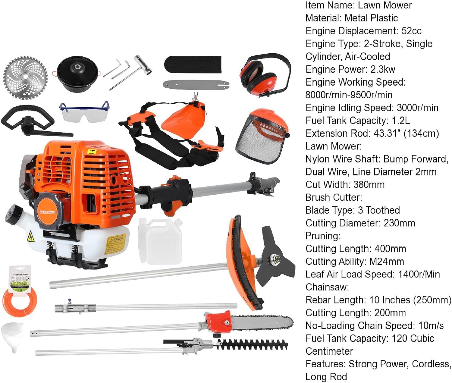 5 in-1 String Trimmer Weed Wacker, 52cc 2-Stroke Gas Weed Eater Hedge Trimmer Brush Cutter Cordless Multi Functional Trimming Tools Pole Saw with Extension Pole for Home Yard Garden