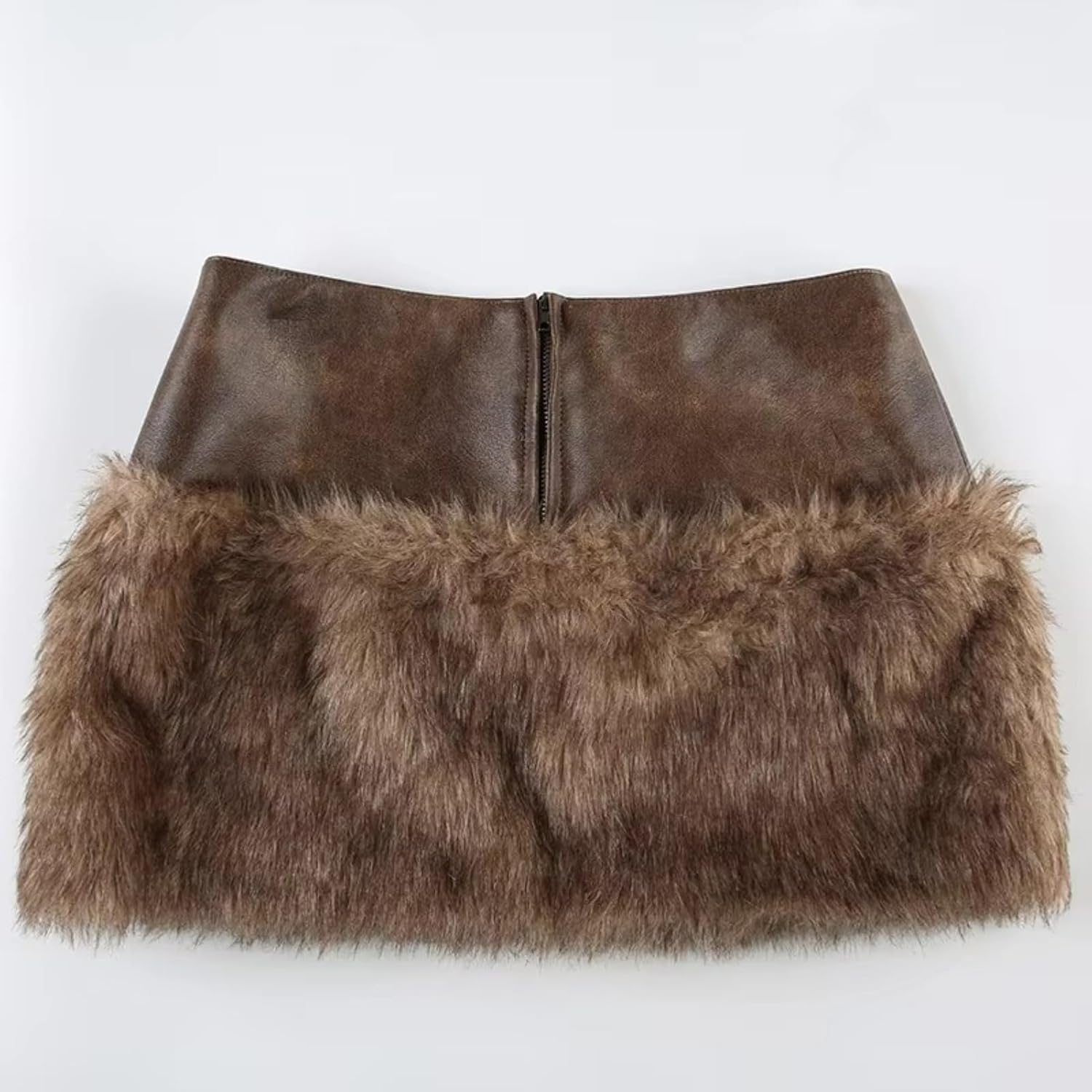 Women Brown Vintage Patchwork PU Leather Furry Skirt Autumn and Winter Sexy Low Waist Open Umbilical Zipper Slim Mini Skirt