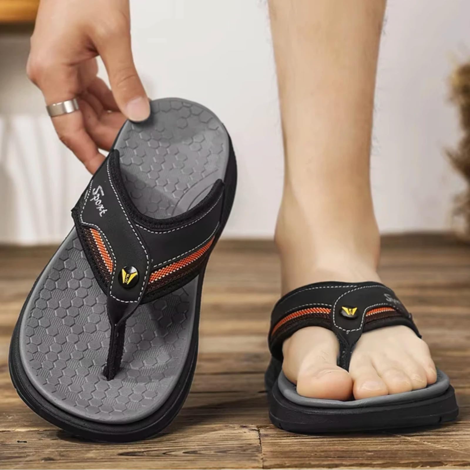Chanclas De Playa Hombre Sandalias Cuero Tanga Los Hombres, Plantilla Goma Eva Suave Plana Antideslizante para El Verano Al Aire Libre-black-41