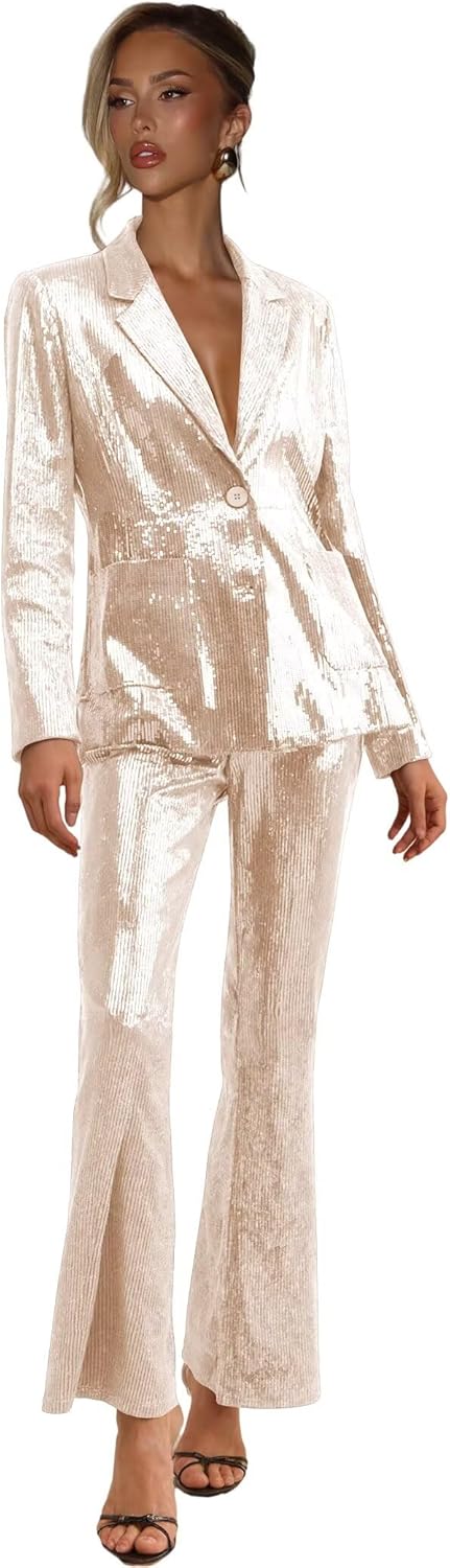 Sequin Pants Suit for Women Dressy V Neck 2 Piece Suit Set Sparkly Blazer and Flared Pants Formal Party Outfits