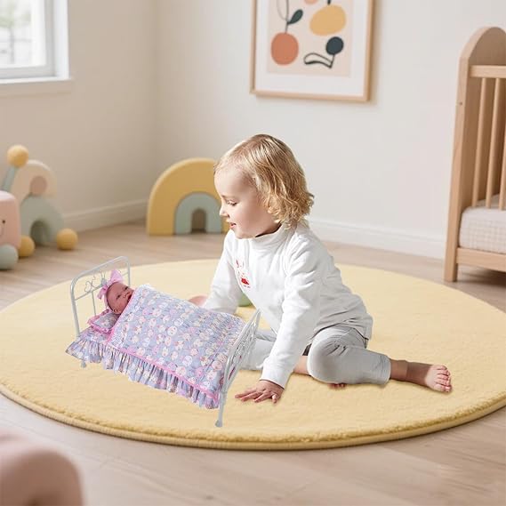 Rakki Dolli 18 Inch Baby Doll Bedding Set, 4-PC Doll Bedding Accessories Includes Blanket / Comforter ,Pillow, Sheet, 18.7*11.4Mattress, Purple Bunny Print