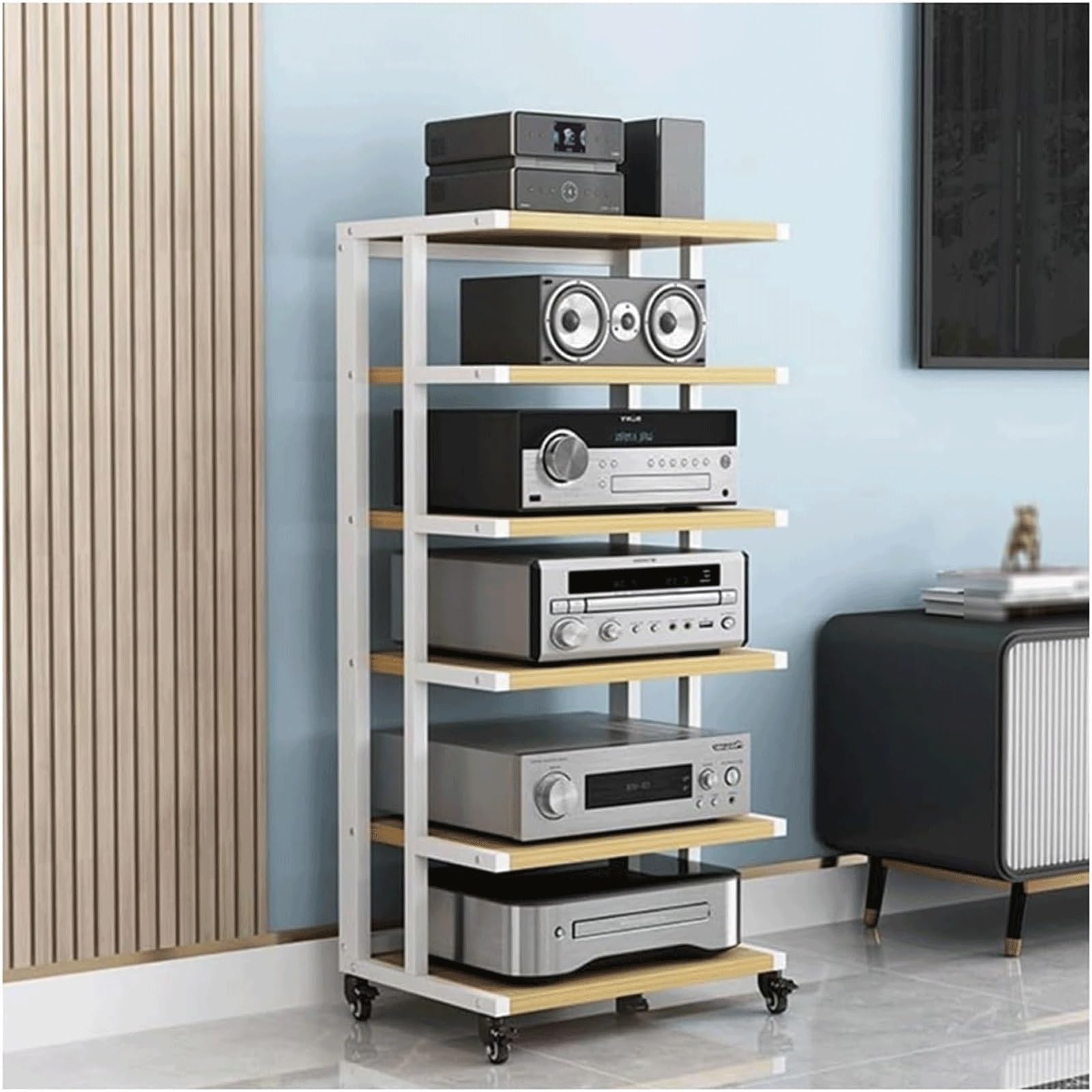 Étagère mobile bois 6 niveaux hifi évite la poussière meuble tv ouvert