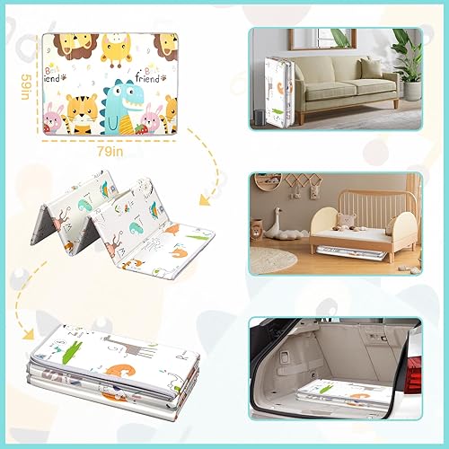 Miniatura 5 de Tapetes de juego para bebé para piso, 79 x 59 x 0.6 pulgadas, tapete de juego plegable de espuma para bebés, tapete de juego reversible impermeable