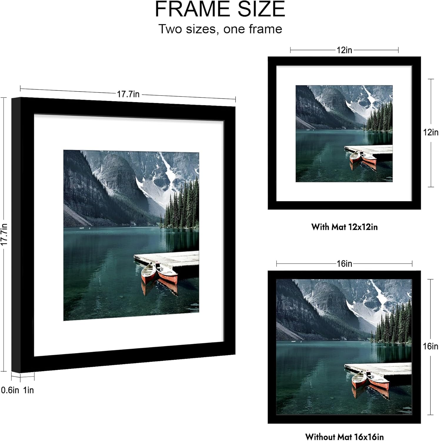 16x16 Frame Set of 2, Black Wood Style - Display Square 12 x 2 with Mat or 16x16 without Mat, Wall Mounting Horizontal and Vertical Black 16X16 in