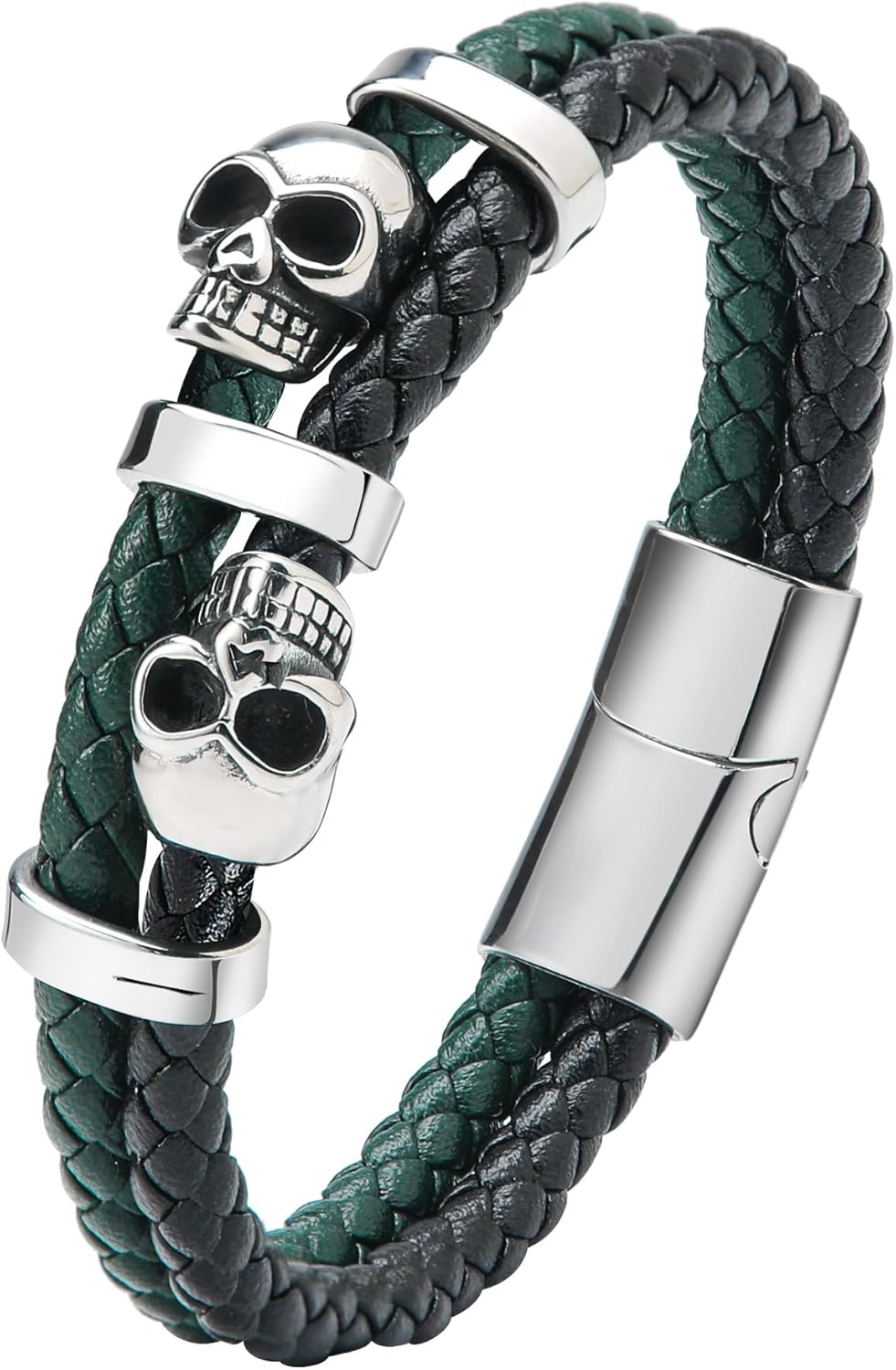 Stainless Steel Double Skull Bracelets - Mens Genuine Leather Punk Skeleton - Cuff Gothic Jewelry