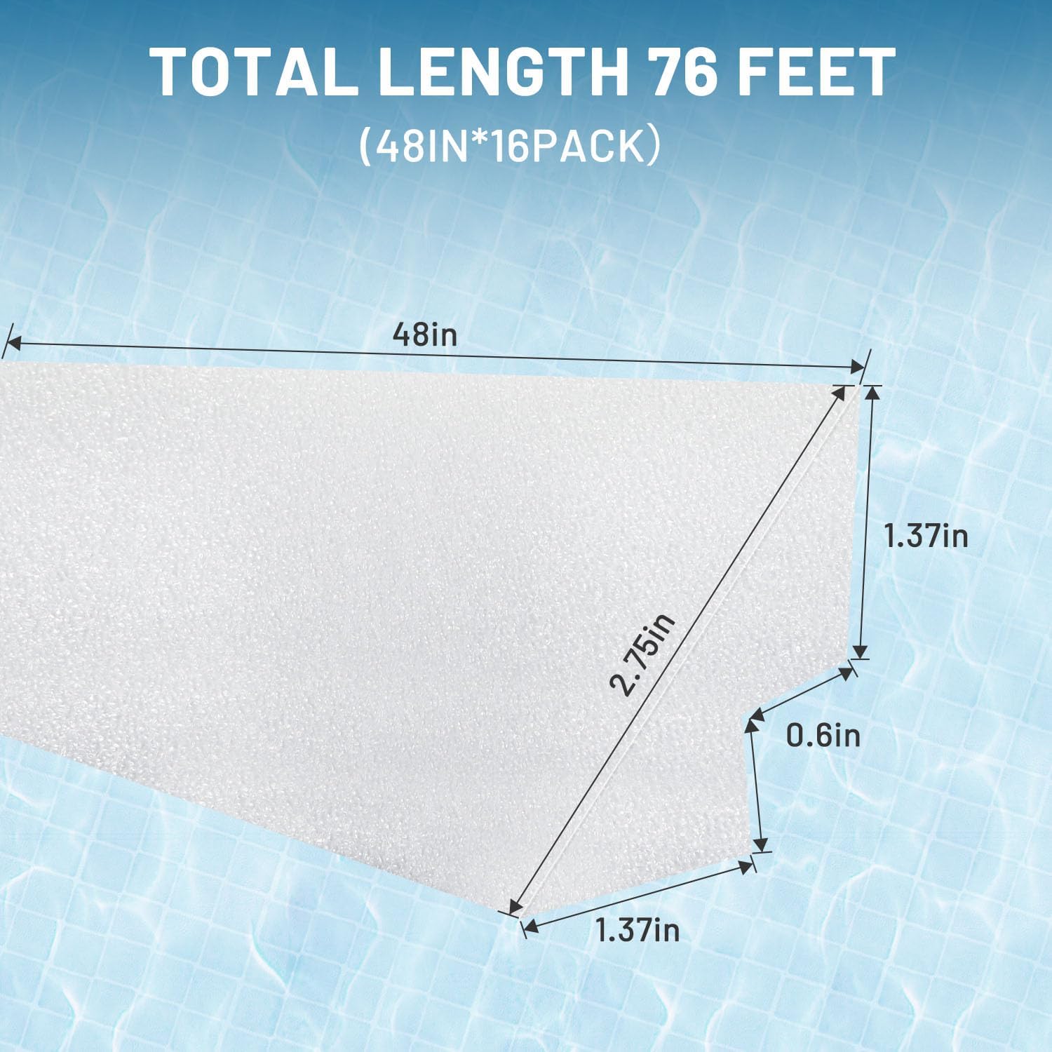 48-inch peel and stick pool cove foam for above ground pools, 16-pack high-density waterproof foam cove strips, pool liner guard base support system, covers 64 ft, white 16pack