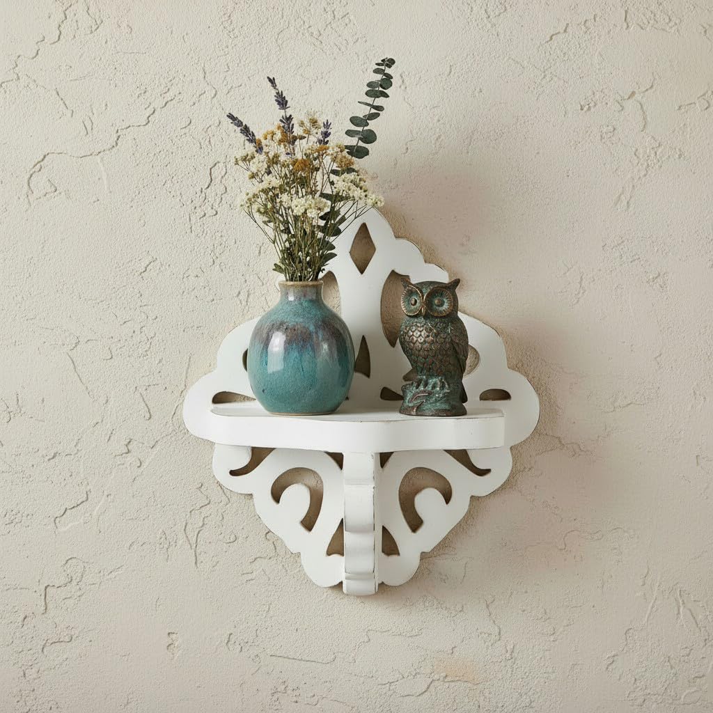 Adan's Homes Shelf Wooden Wall Mounted Walnut Distressed White Color 23 x 20 X 11 CM Pack of One French Country Style Elegantly Floral Hand Crafted for Home and Office Decor AHSLF28WH
