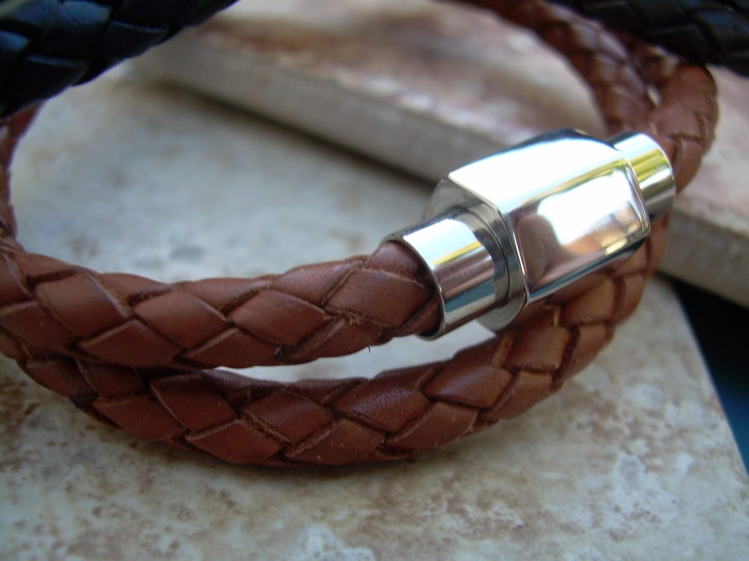 Handmade Thick Double Wrap Braided Leather Bracelet with Stainless Steel Magnetic Clasp - Genuine Leather Bracelet for Men - Available sizes: 6,6.5,7,7.5,8 inch or Custom