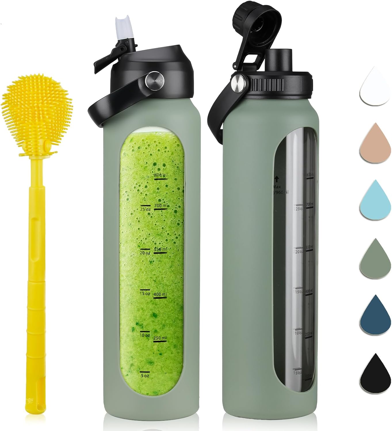 32 oz Glass Water Bottles with 2 Lids-Handle Spout Lid & Straw Lid 1 Liter Motivational Borosilicate Water Bottle with Silicone Sleeve and Time Marker,Leakproof 32 oz Glass Water Bottles with 2 Lids-Handle Spout Lid & Straw Lid 1 Liter Motivational Borosilicate Water Bottle with Silicone Sleeve and Time Marker,Leakproof