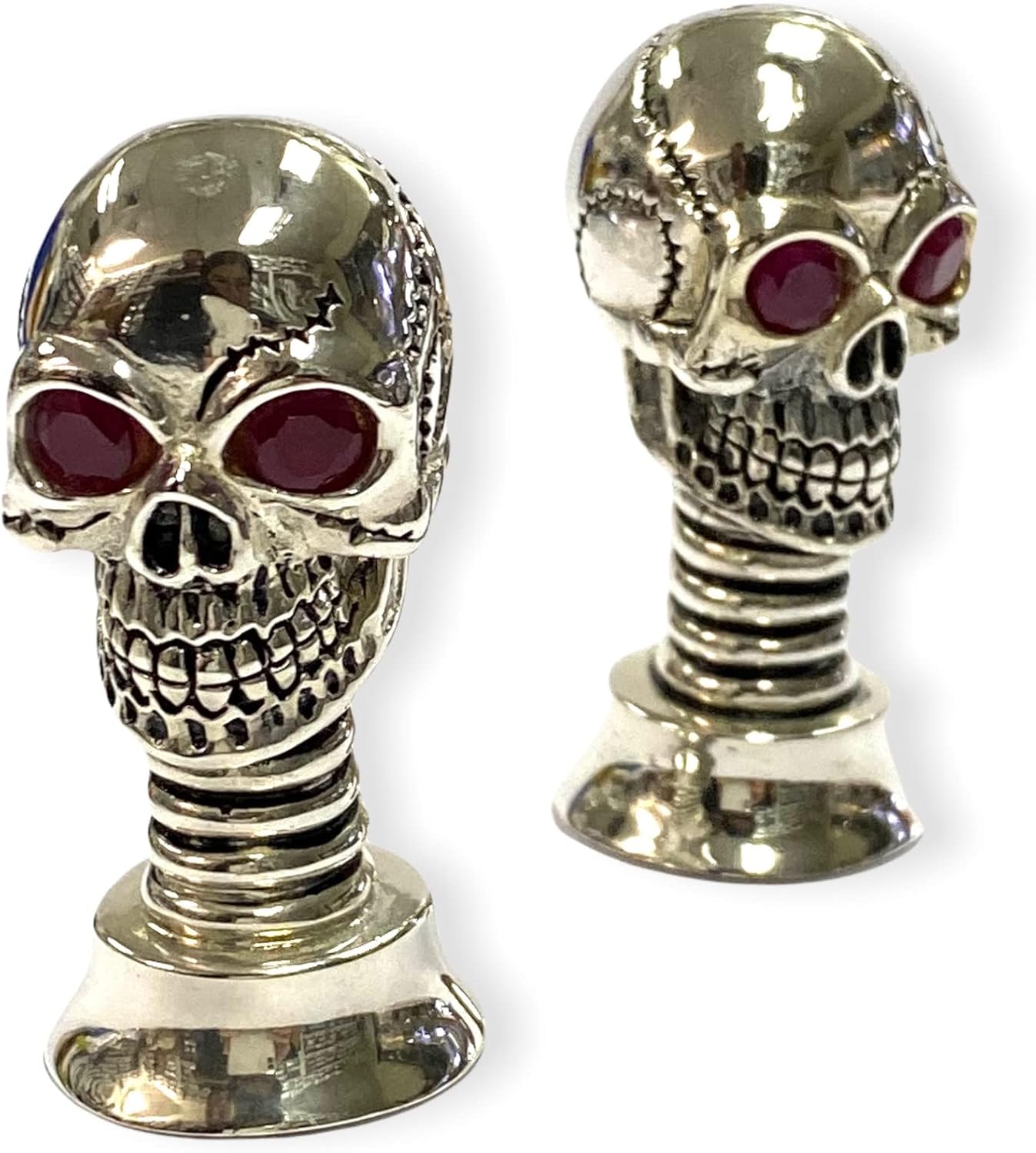 Novelty Style Skull Pair with Ruby Stone Salt and Pepper Shaker Pots 925 Silver Plated
