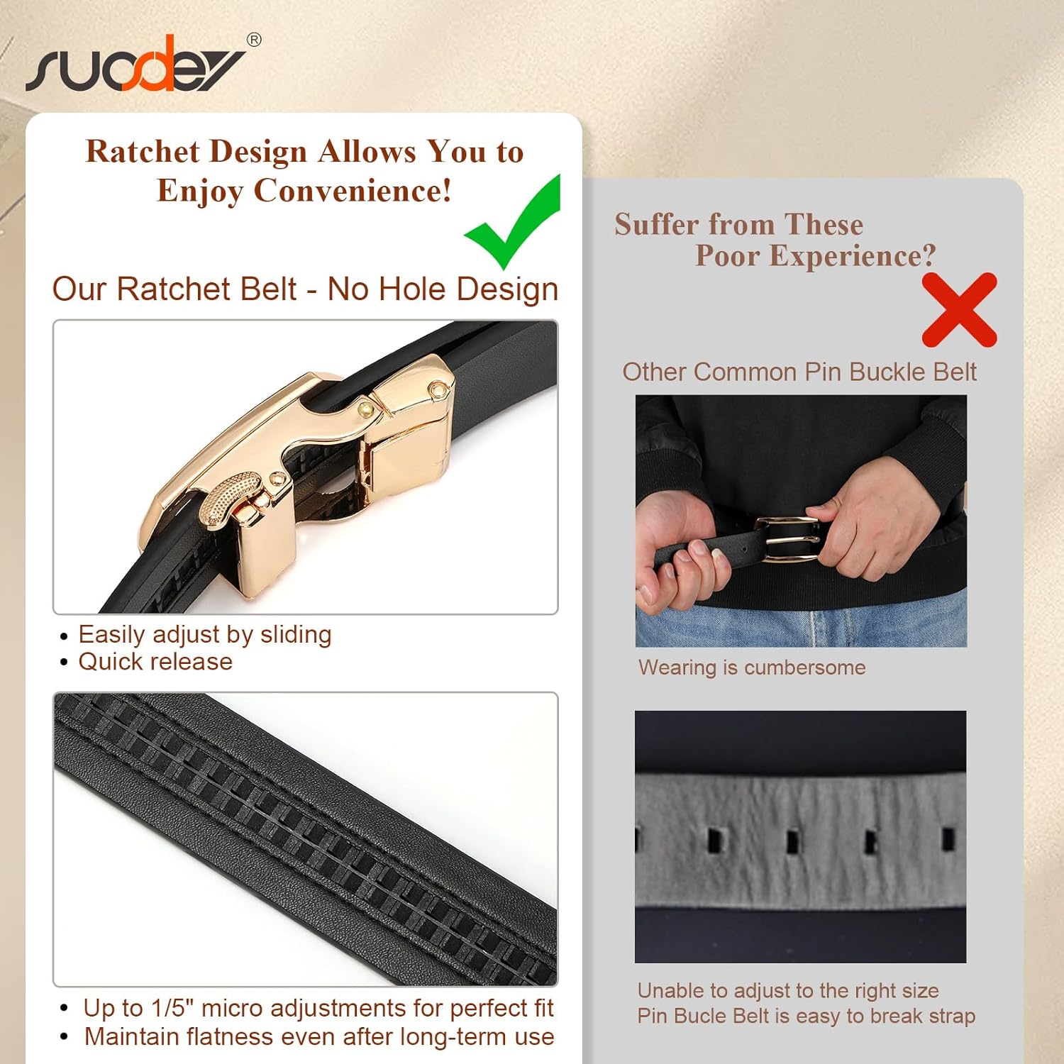 SUOSDEY Women Leather Ratchet Belt for Jeans Pants with Automatic Sliding Buckle, Adjustable Belt for Ladies, Width 1.2" - Image 3