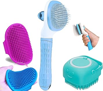 3 Pcs Self Cleaning Slicker Shedding Brush Pet Grooming Bath Massage Brush with Soap and Shampoo Dispenser Soft Silicone Bristle for Long Short Haired Dogs Cats Shower Tick Remover Shower Bathing