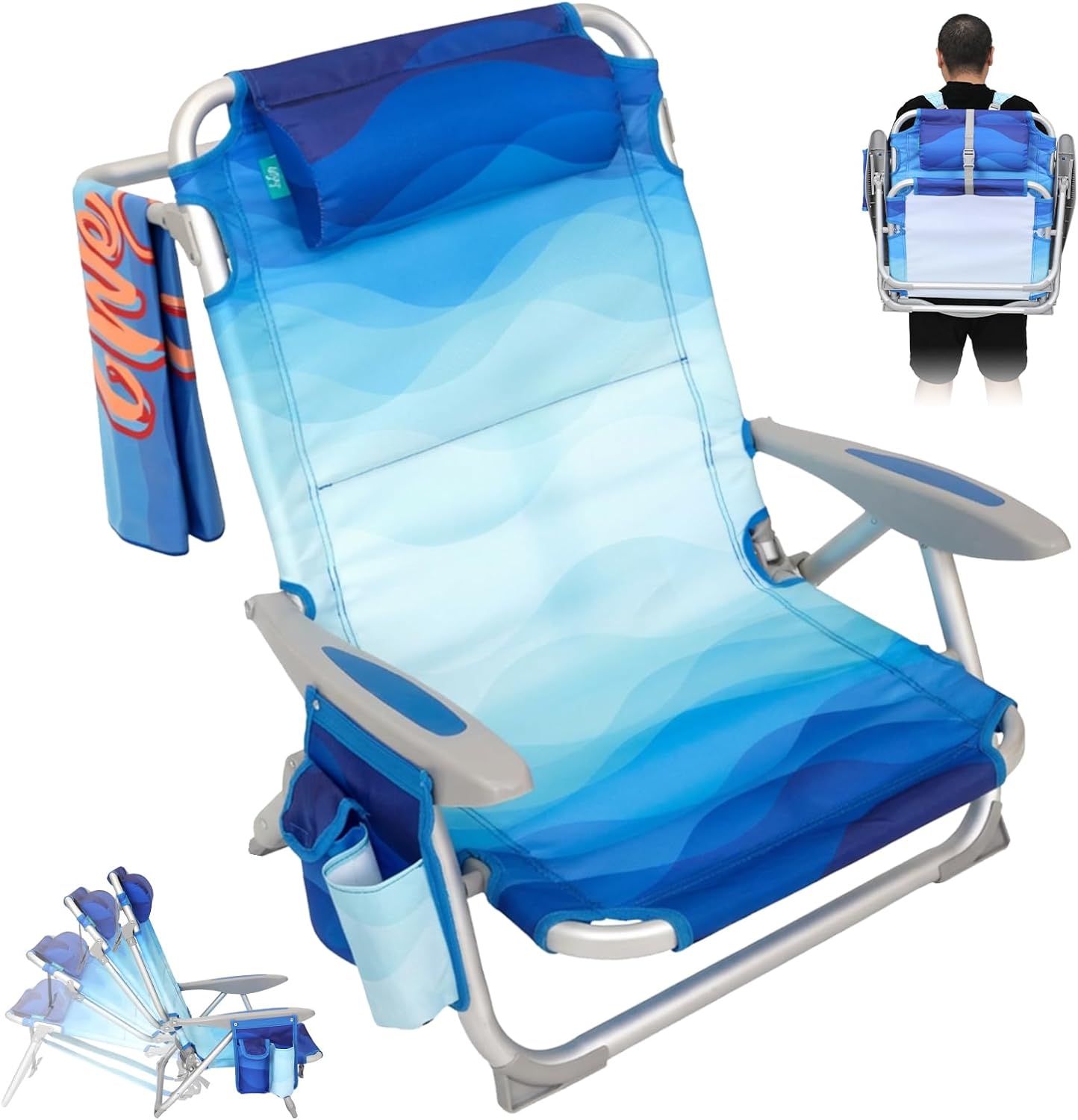 #WEJOY Beach Chair for Adults, Reclining Adjustable Position, Lay Flat Lightweight Folding Portable Aluminum Chair with Backpack Straps,Padded headrest, Heavy Duty 400 lbs Lawn Chair for Beach, Sand