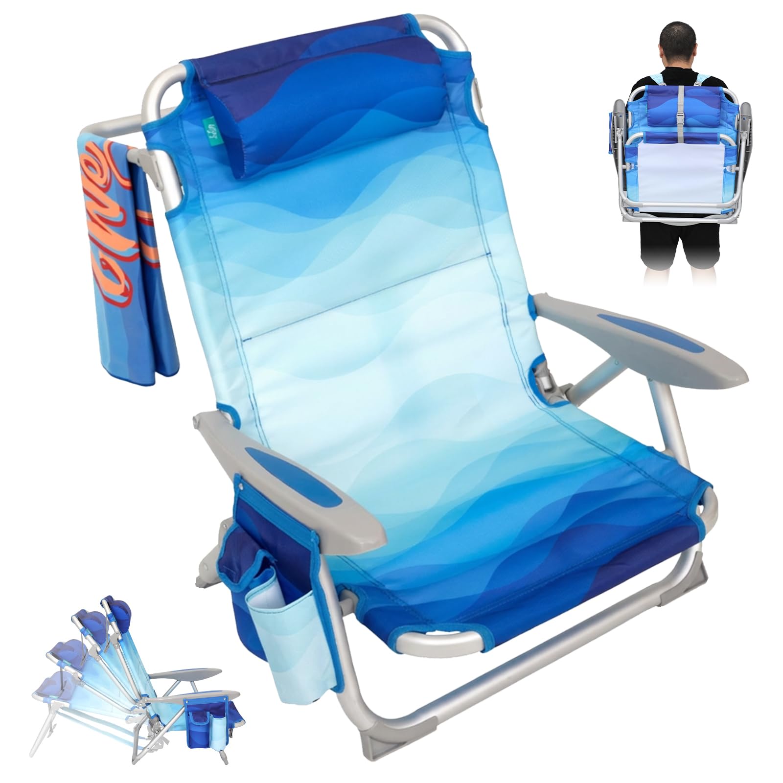 #WEJOY Beach Chair for Adults, Reclining Adjustable Position, Lay Flat Lightweight Folding Portable Aluminum Chair with Backpack Straps,Padded headrest, Heavy Duty 400 lbs Lawn Chair for Beach, Sand