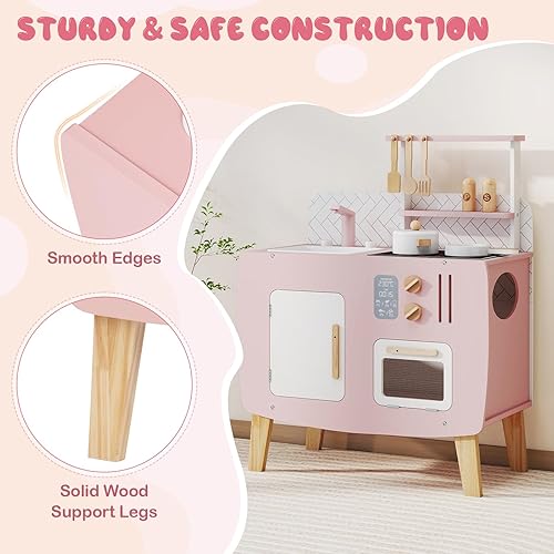Miniatura 8 de HONEY JOY Juego de cocina rosa para niños, cocina de madera para niños pequeños, estufas, fregadero y horno, accesorios de cocina, armario de