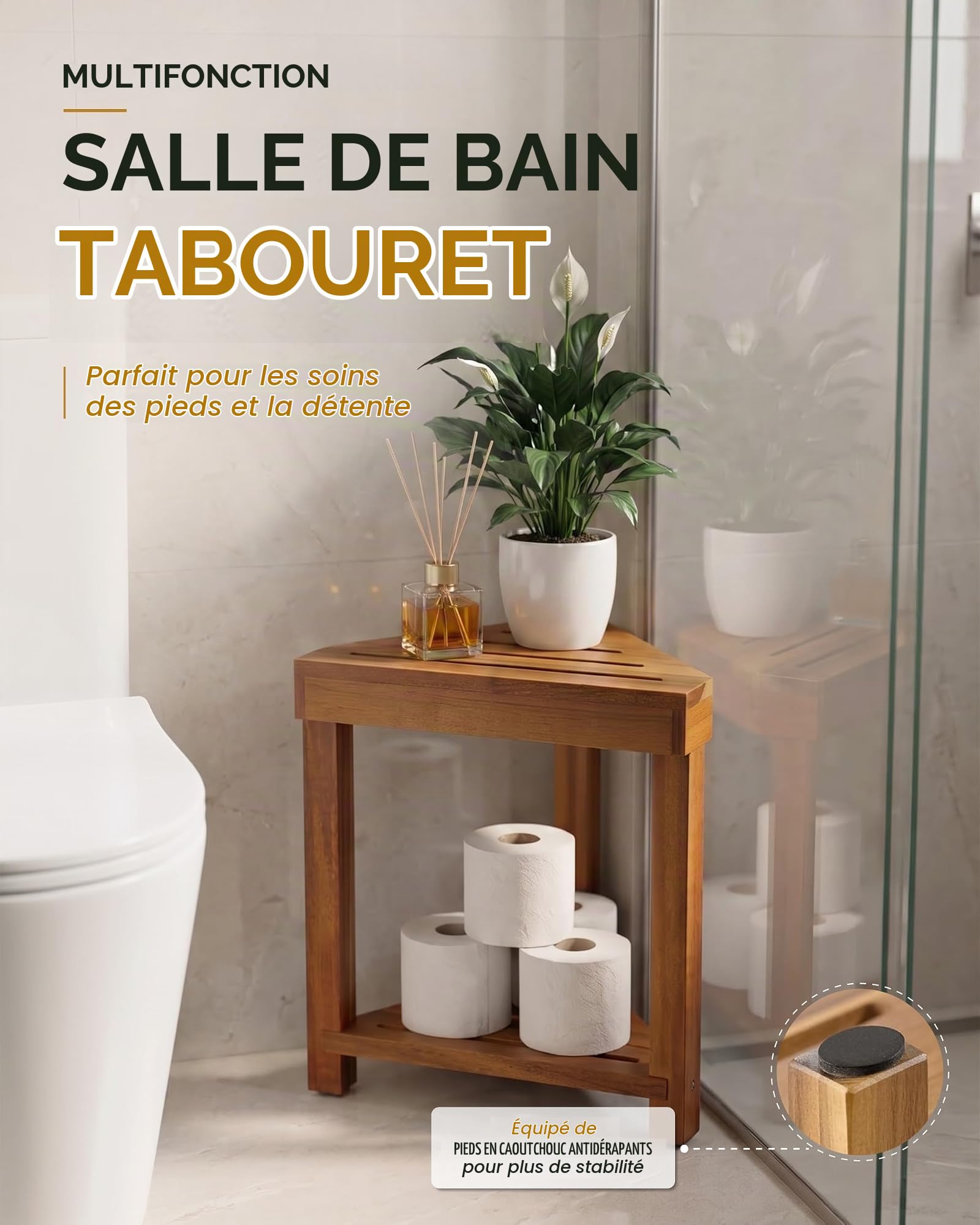 BLUEWEST Repose-pieds de douche, tabouret de douche d'angle en bois pour se raser les jambes, repose-pieds de douche imperméable avec étagère de rangement pour petit espace de douche, sièges de douche