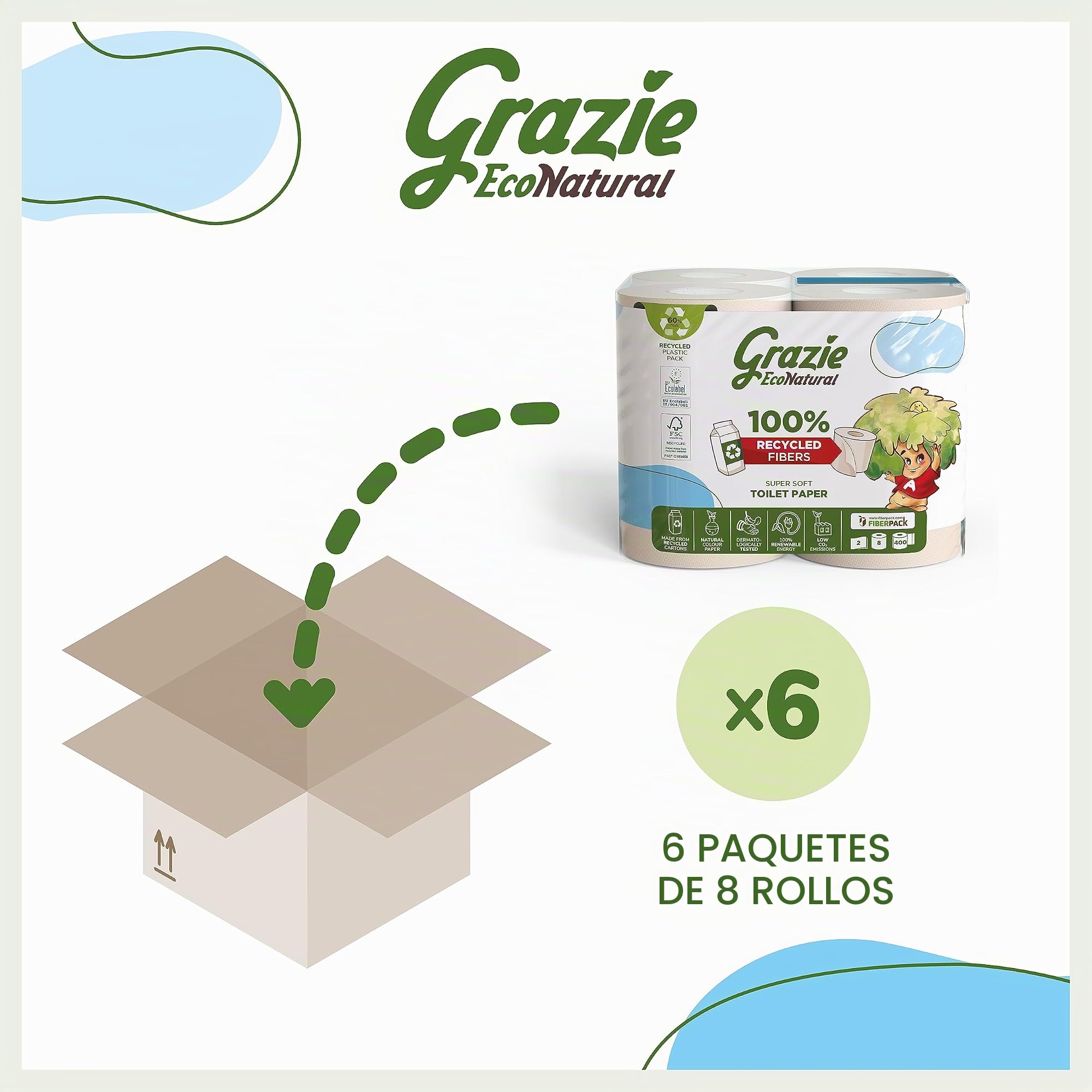 Grazie Natural, Papel higiénico Maxi Ecol FSC, 48 rollos, dermatológicamente probado, papel higiénico reciclado 100% ecológico, respetuoso con el medio ambiente, fabricado en Italia