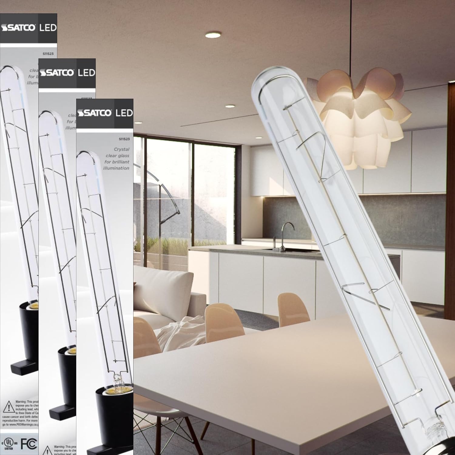 Satco S11523 LED Bulb, 6W (40W Eq), T9 Vintage Style, Flex Gray Straight Filament, 2700K Warm White, E26 Medium Base, Dimmable, Clear Glass, 500 Lumens, 120V, Enclosed Rated (12 Pack)