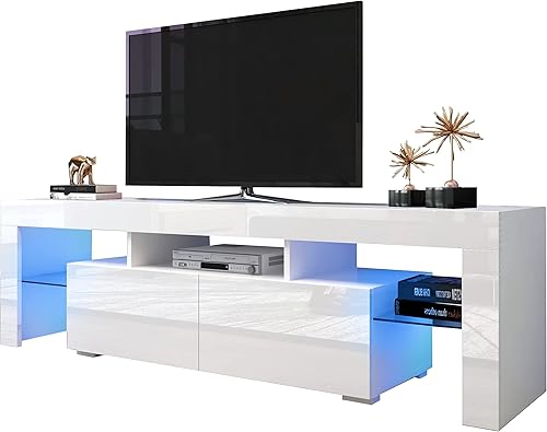 Miniatura 6 de SSLine Soporte de TV LED brillante con luces LED RGB de 16 colores, consola de almacenamiento de medios moderna con 2 cajones, mueble de televisión