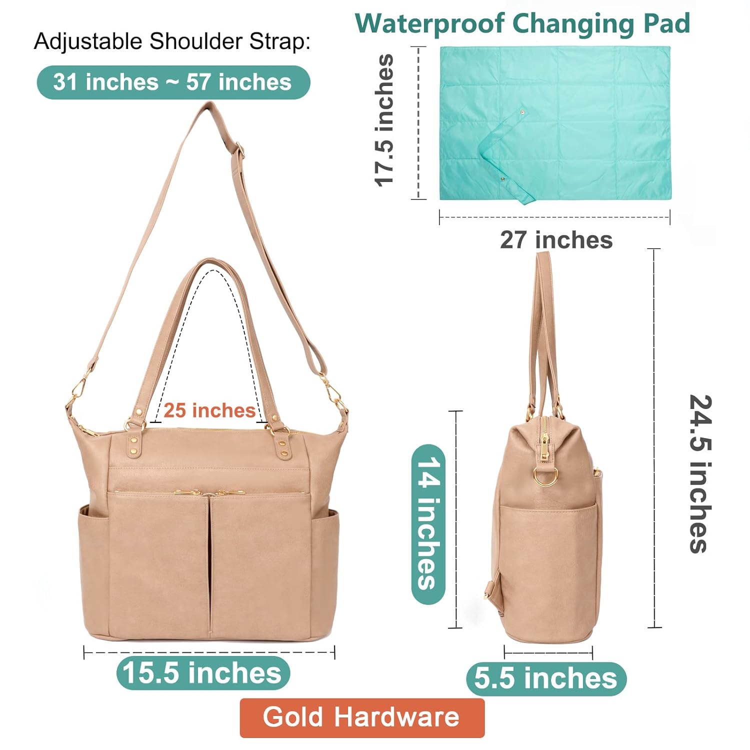 MOMINSIDE Diaper Bag Tote, Diaper Bag Organizing Pouches, Leather Baby Bag Backpack, Baby Registry Search, 14 pockets, 4 Insulated Pockets, Changing Station