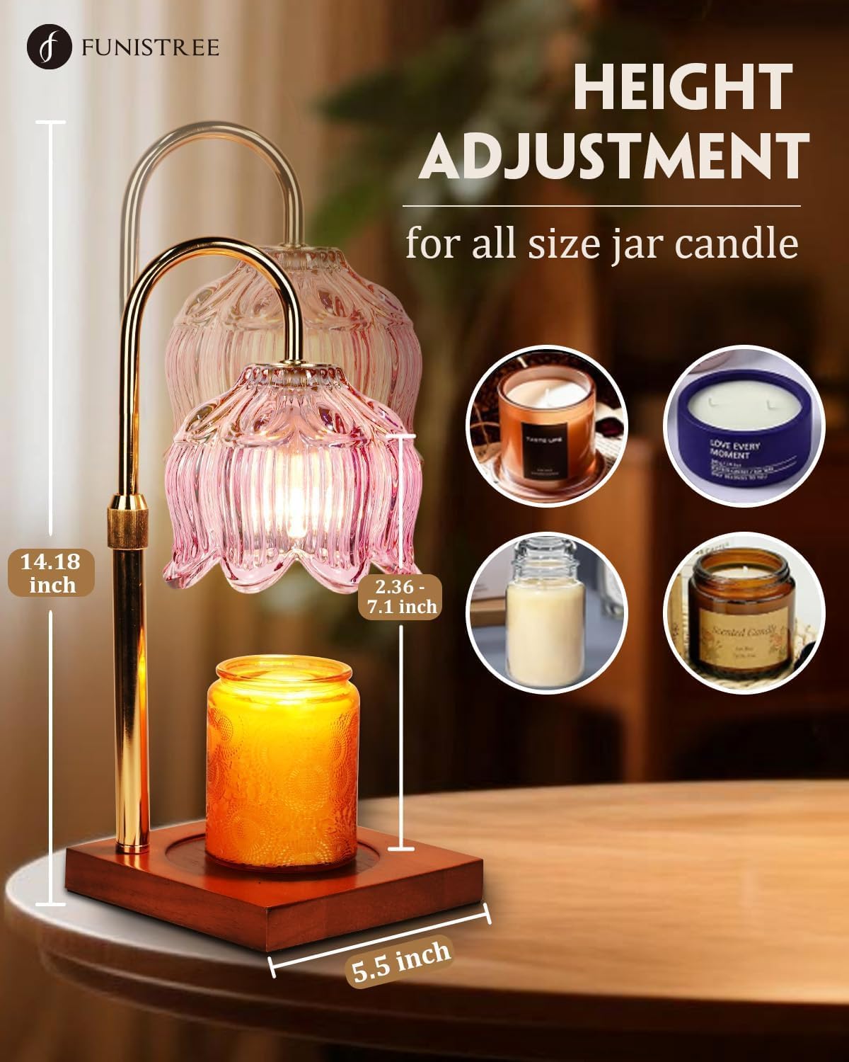 Pink Candle Warmer Lamp with Timer & Dimmer, Candle Lamp Warmer Adjustable Height, Christmas Birthday Gifts for Women Mom, House Warming New Home Bedroom Decor, Flower Wax Warmer for Jar Candle