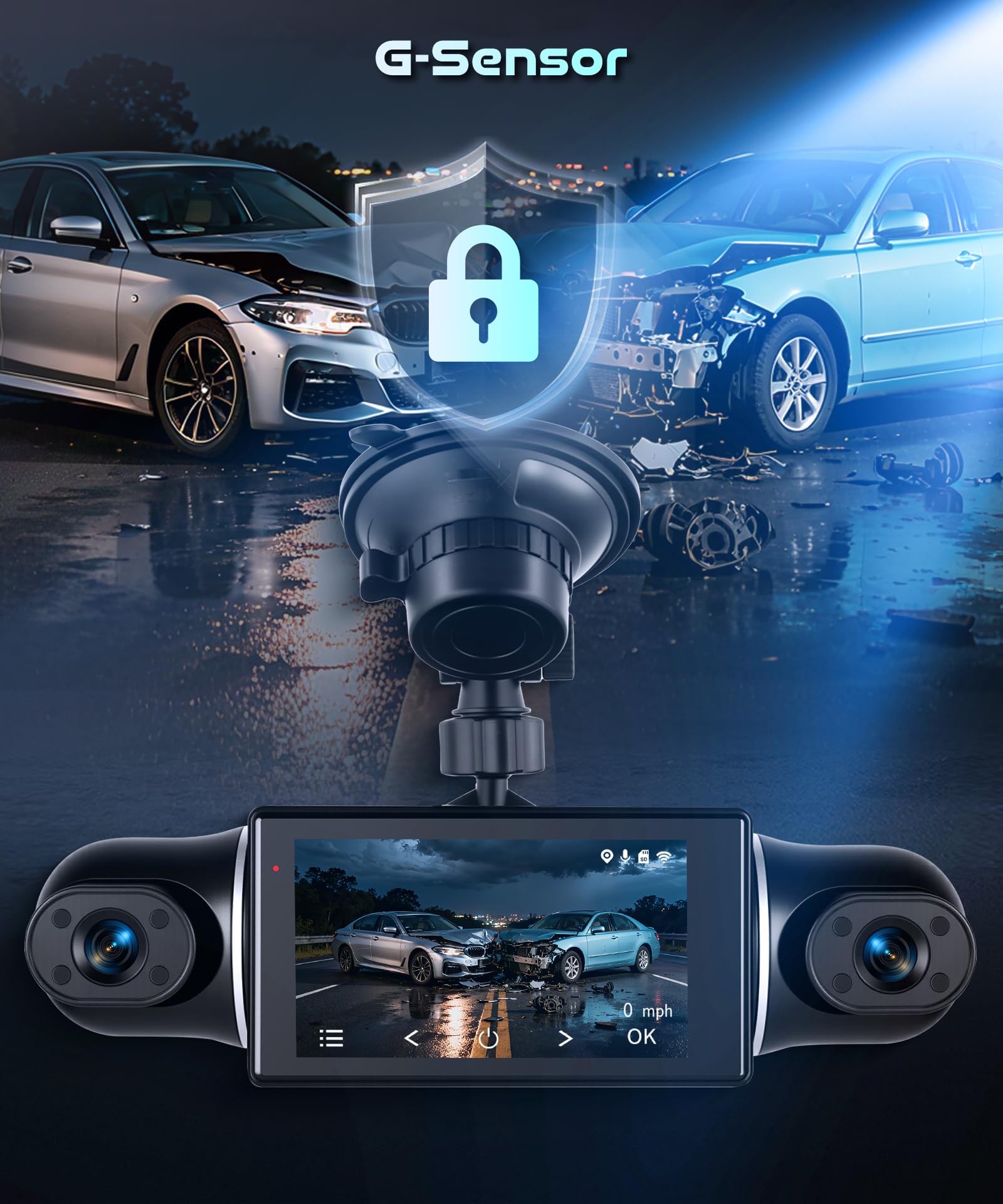 Rimoody kamera na deskę rozdzielczą 2K 360 z przodu, z tyłu, po prawej stronie, 2K + 1080p x 3, 4-kanałowa kamera samochodowa 3 cale, Dash Cam WiFi G-sensor Loop, nagrywanie w pętli, widoczność w nocy