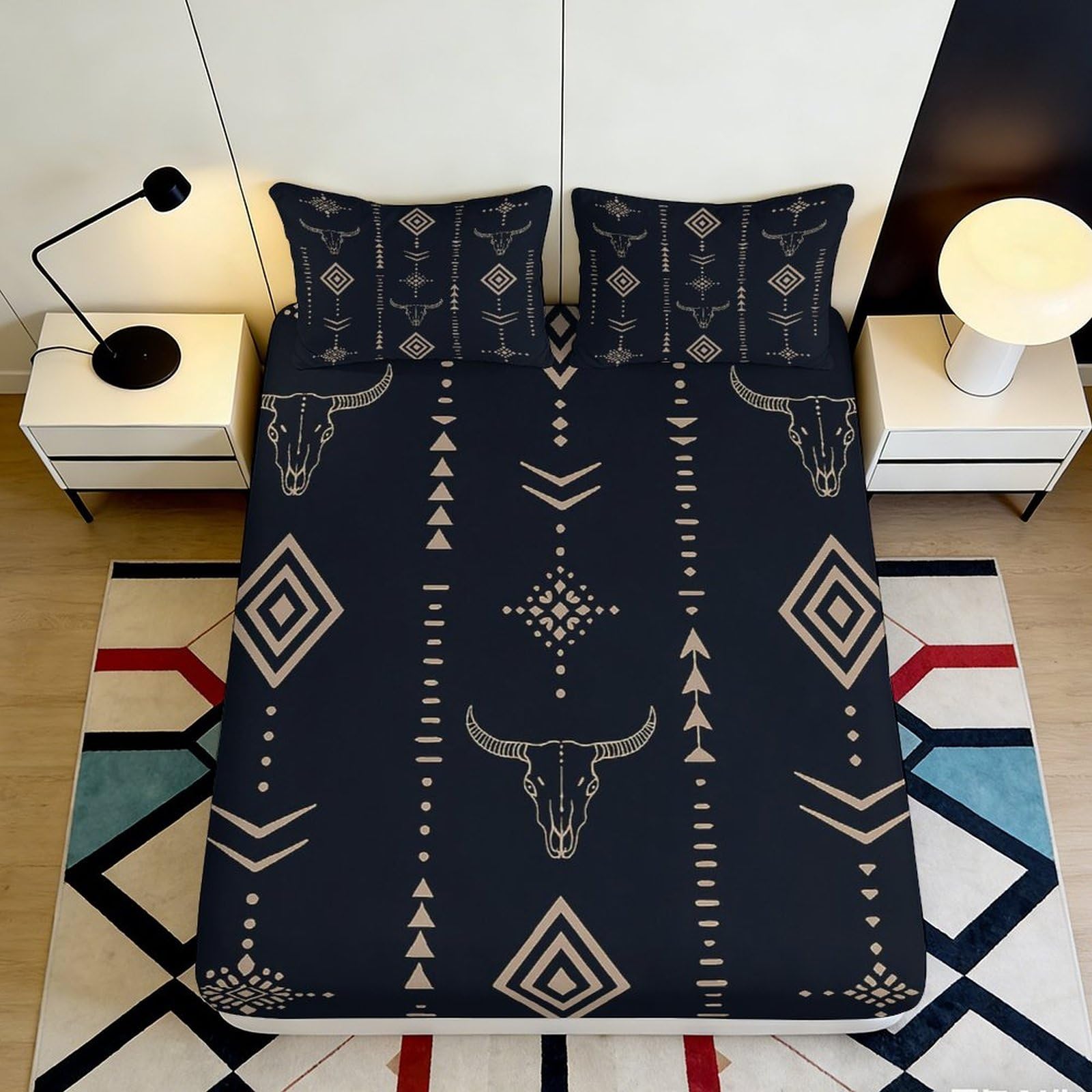 3D Printed Tribal Bull Fitted Sheet Microfiber Soft Breathable Geometric Bed Cover for Bedroom Guest Room Decor 90x200x25cm