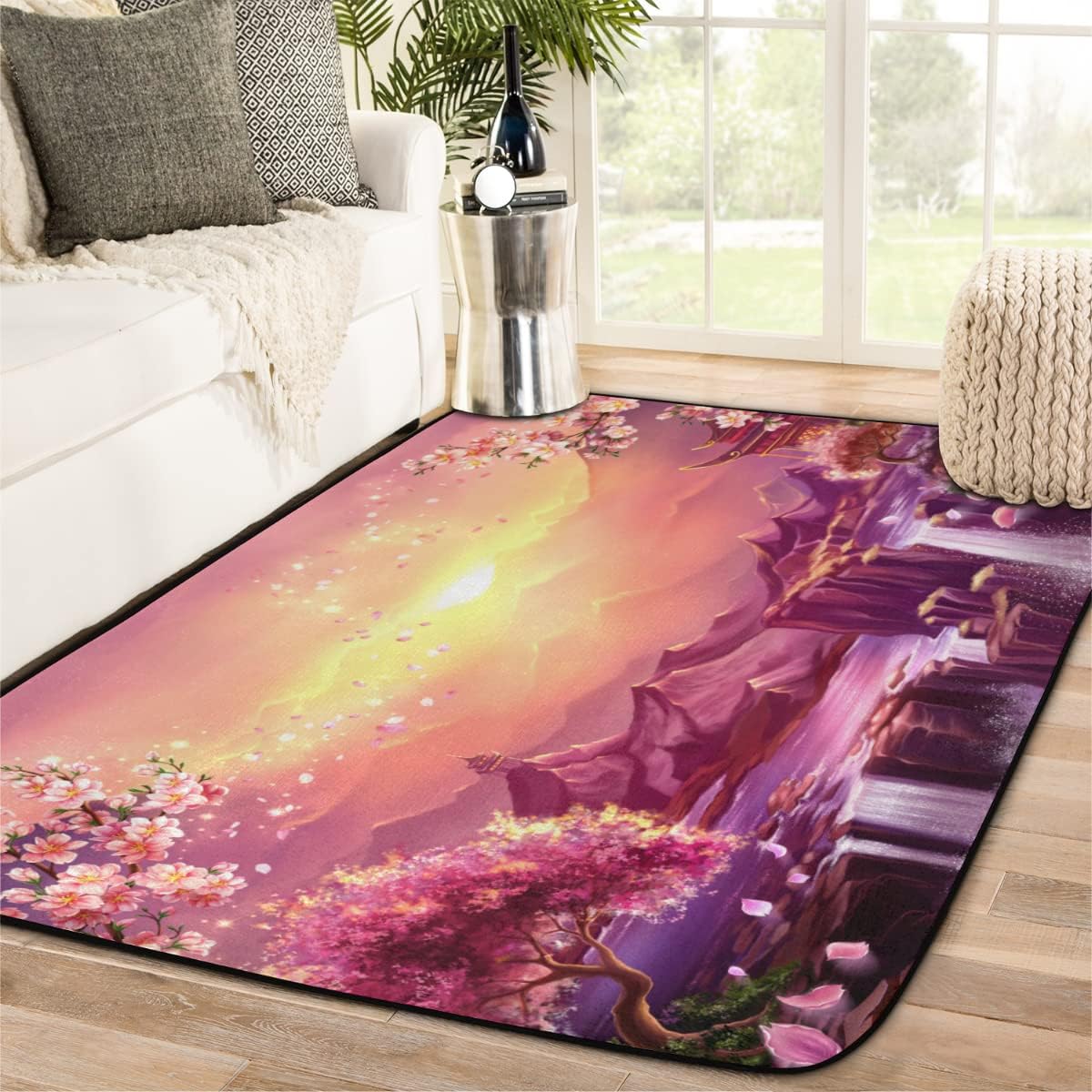 4 x 6 Scape of Cherry Blossoms at Dusk in Manga Super Soft Area Rug for Kids Baby Nursery, Nursery Decor Throw Rugs for Bedroom, Kids Room, Upgrade Anti-Skid Durable Rectangular Fuzzy Rug
