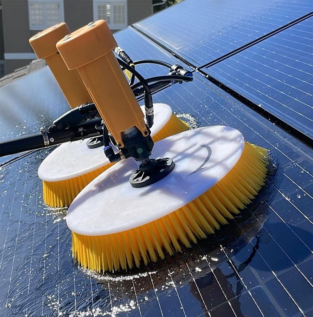 7.5M Solar Panel Reinigung Teleskopstange, 70cm doppelt rotierendem Bürstenkopf Elektrische Photovoltaik Panel Reiniger mit 17 m Kabel/29 m Wasserleitung, Fenster Reinigungswerkzeuge