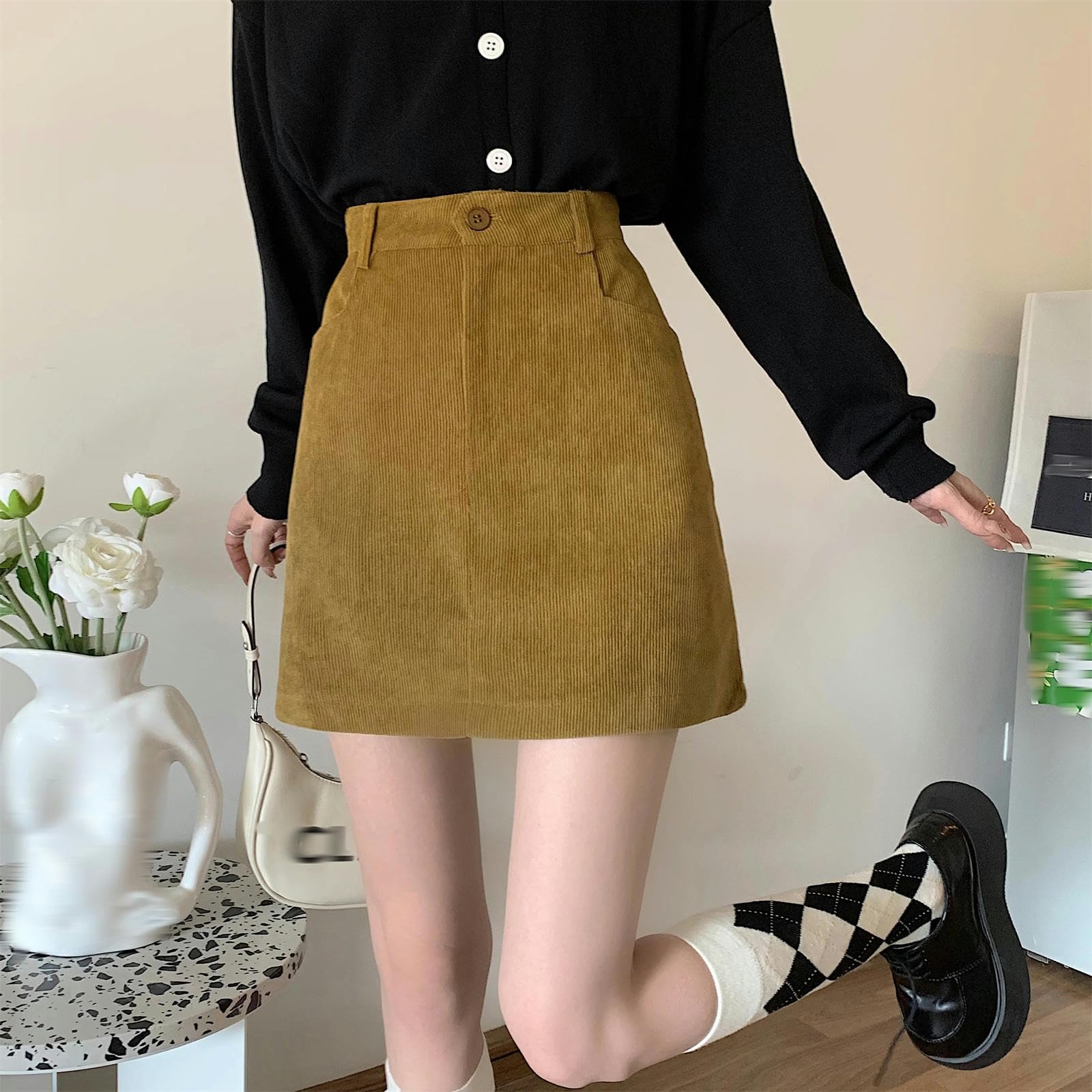Spódnica sztruksowe spódnice damskie ciepły design zamek błyskawiczny z guzikami linia A mini spódniczka moda uliczna czarna bodyconskirt-czarny-S