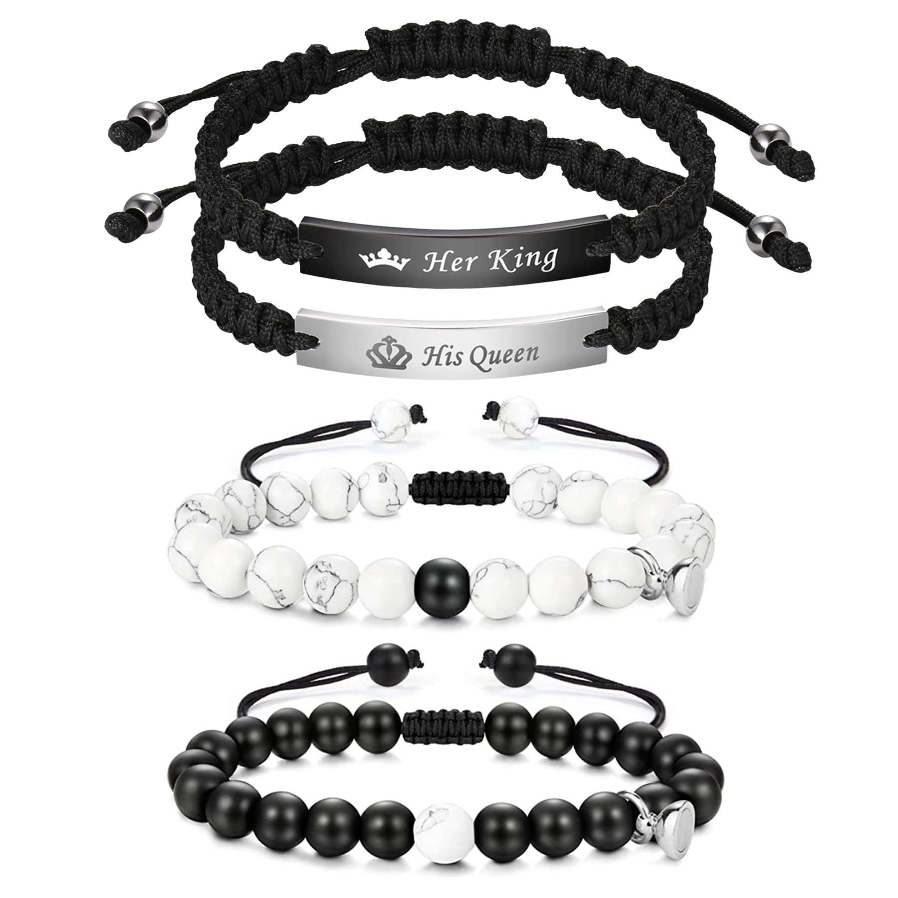 Cupimatch 4pcs His Queen Her King Couple Bracelet Adjustable Braided Rope Magnetic Distance Black Matte Agate &White Howlite Beads Couples Bracelets