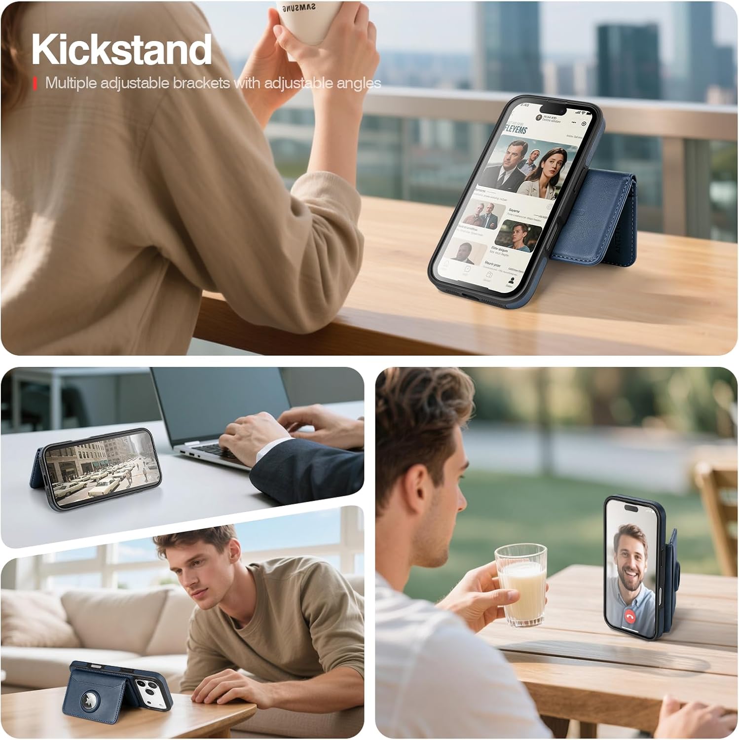 Antsturdy Compatible with MagSafe 2 in 1 Detachable Magnetic iPhone 17 Pro Max Case Wallet with AirTag Holder,Men Women PU Leather RFID Blocking Credit Card Holder Slots Flip Cover Kickstand,Dark Blue - Image 4