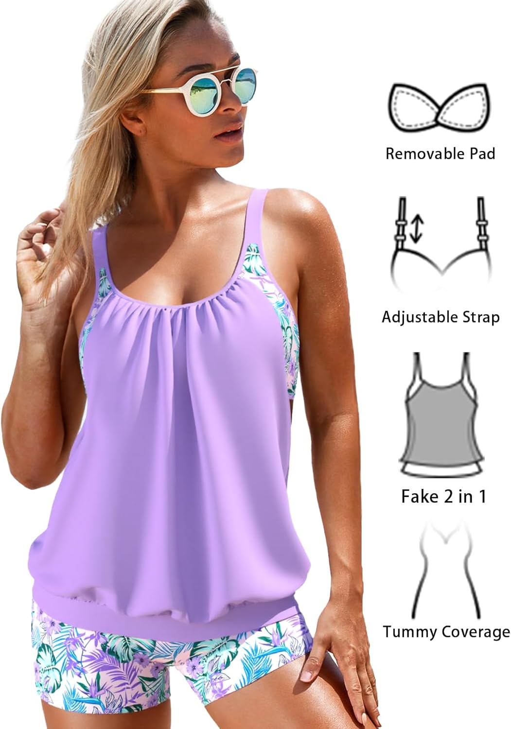 MODLILY Cut Out Tankini Swimsuits for Women, Two Piece Bathing Suits, Fake 2 in 1 Blouson Top with Boyshorts - Image 6
