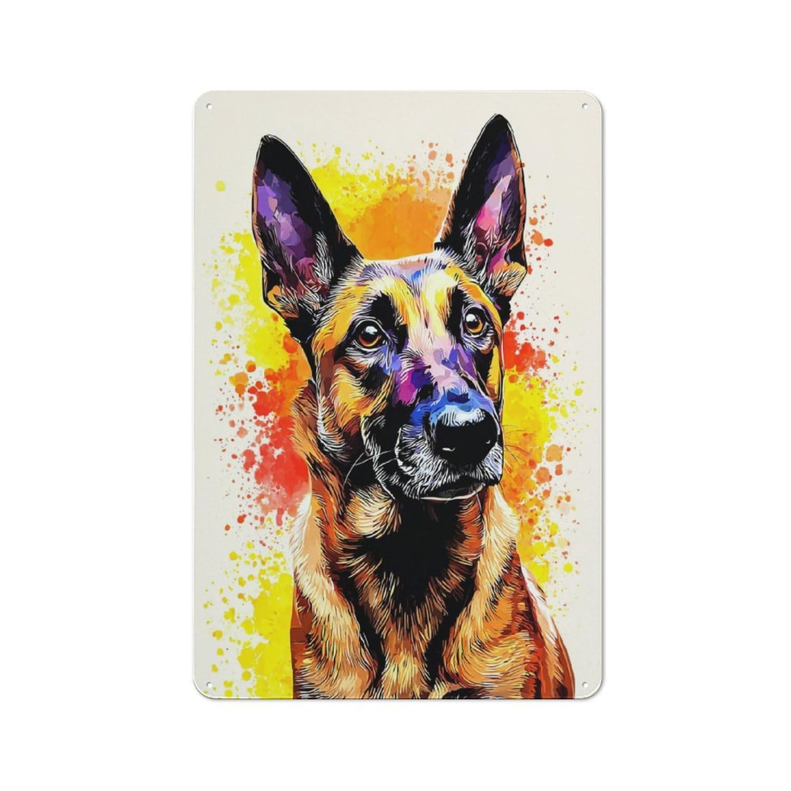 Junmoney Colorful German Shepherd Portrait Printed Metal Sign 30X20cm For Home Office Or Studio, For Winter Room Styling In Home Office And Studio