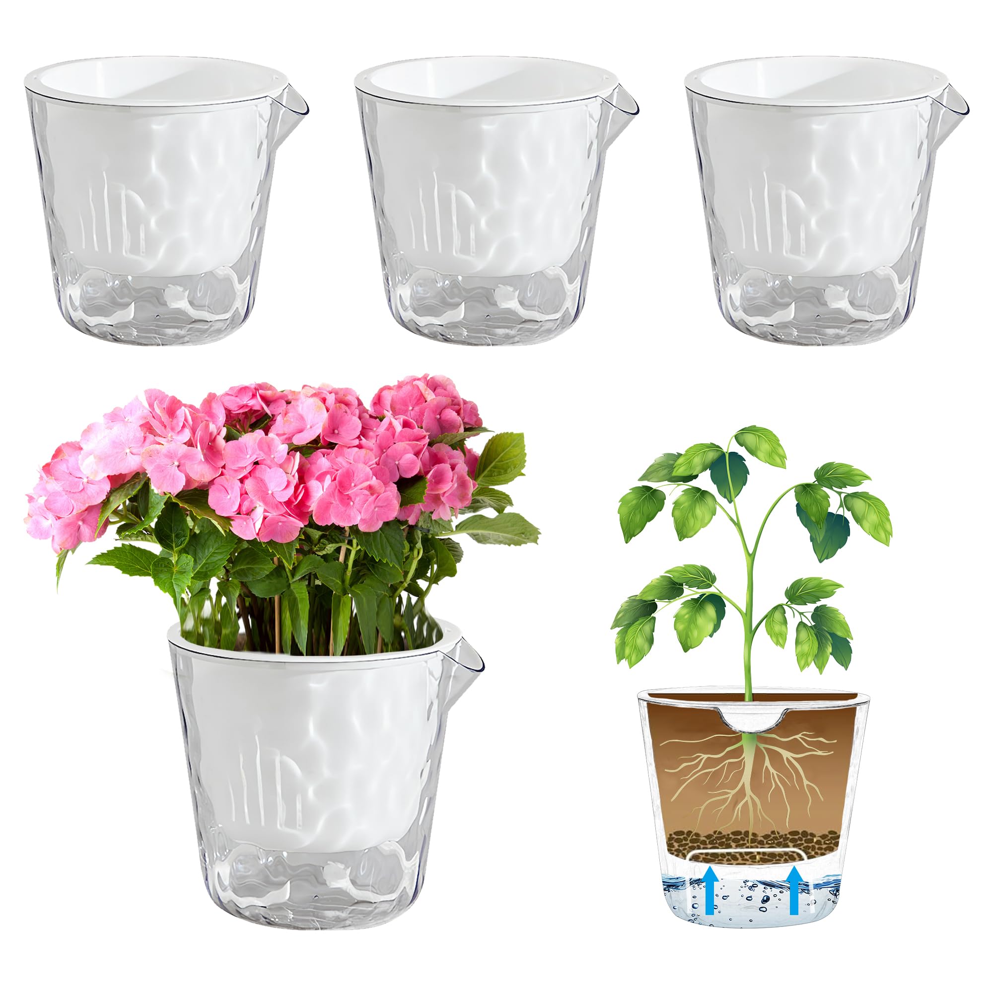 Pot de fleur auto-arrosant 18cm en plastique effet cristal (lot de 4)